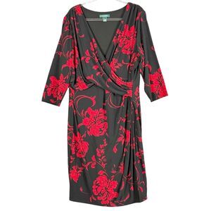 Lauren Ralph Lauren Womens Faux Wrap Dress Black Red Floral Print Stretch Sz 20W
